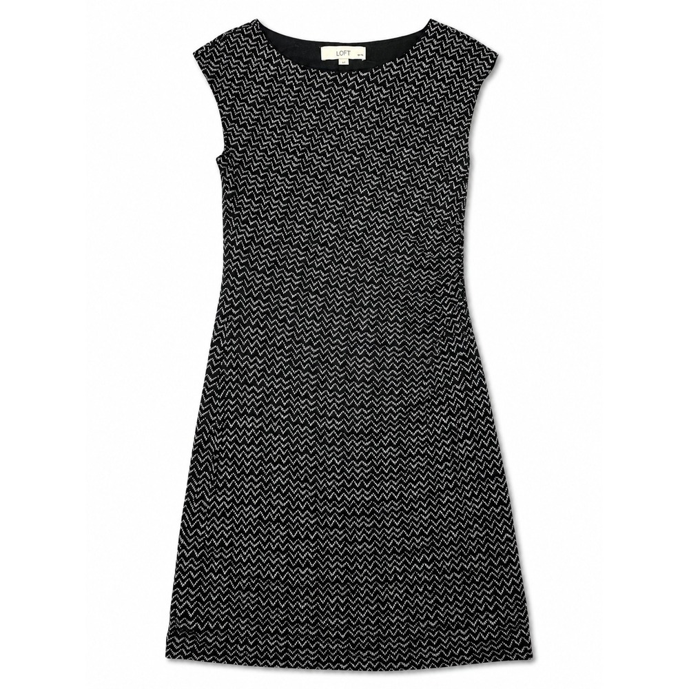 Ann Taylor LOFT Petite Black White Chevron Sheath Dress Sleeveless Stretch SP